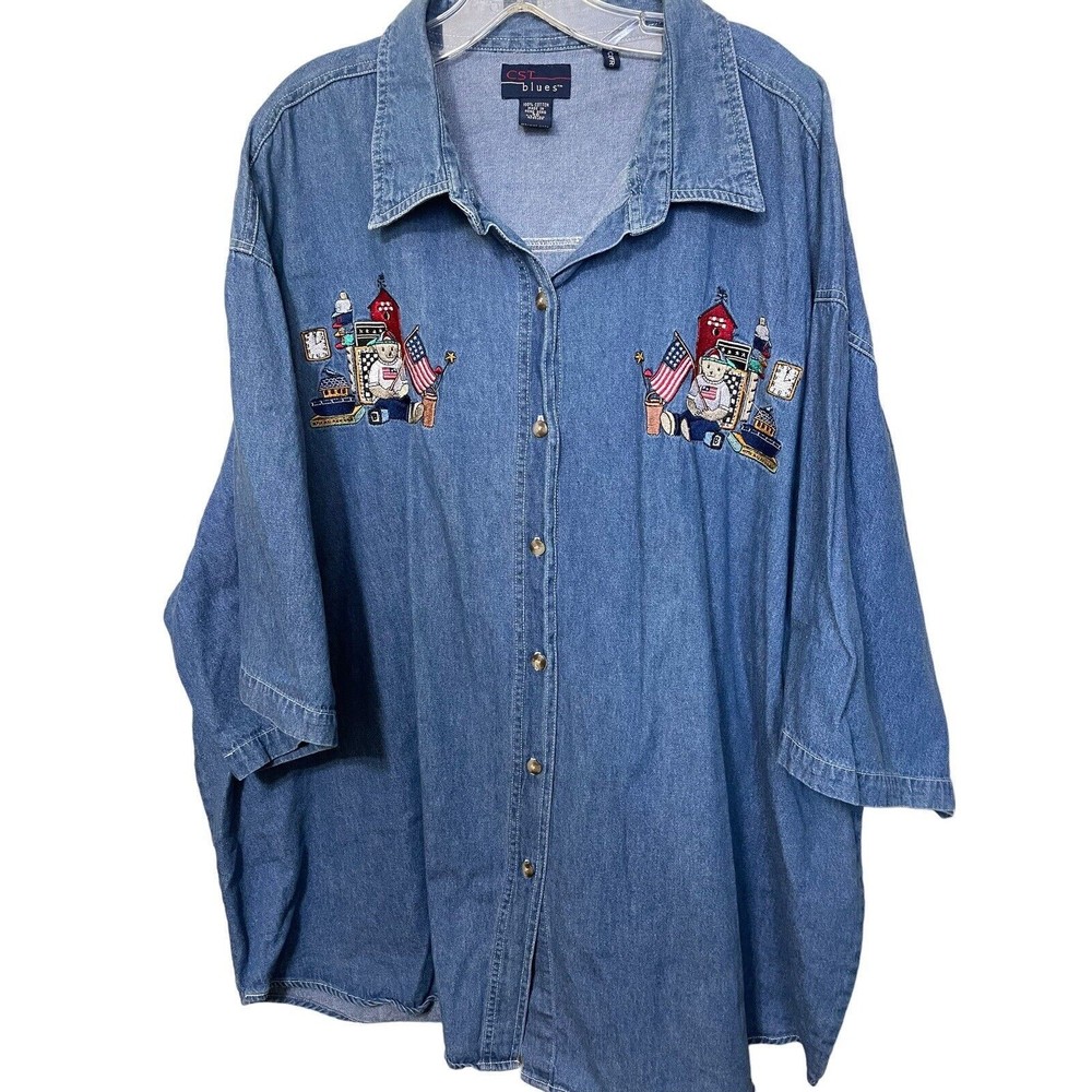CST Blues Denim Shirt Size 30 With Embroidered Teddy Bear Patriotic Teacher